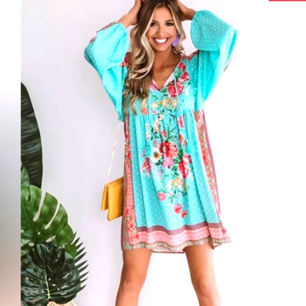 Umgee Floral Border Print Boho Cottagecore Tiered Mini Dress SzSmall